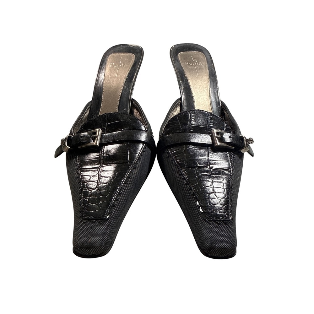 Paolo Black Pointed Toe Mules Faux Croc Buckle Kitten Heel Shoes Womens 9N